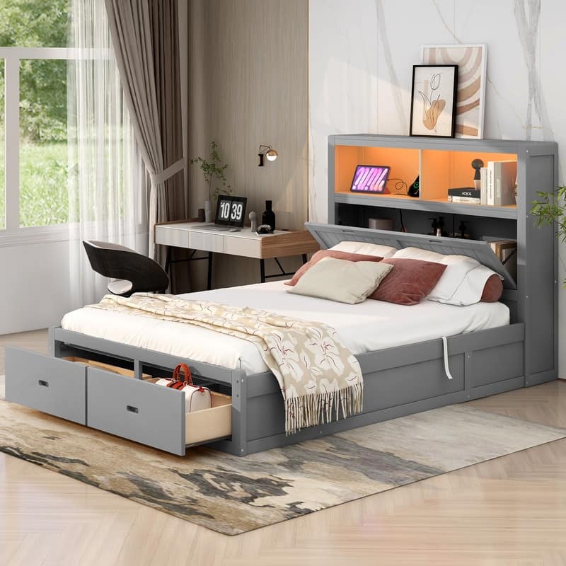 Queen Size Wood Platform Bed with LED Headboard Charging Station 2 Drawers Hydraulic Storage
