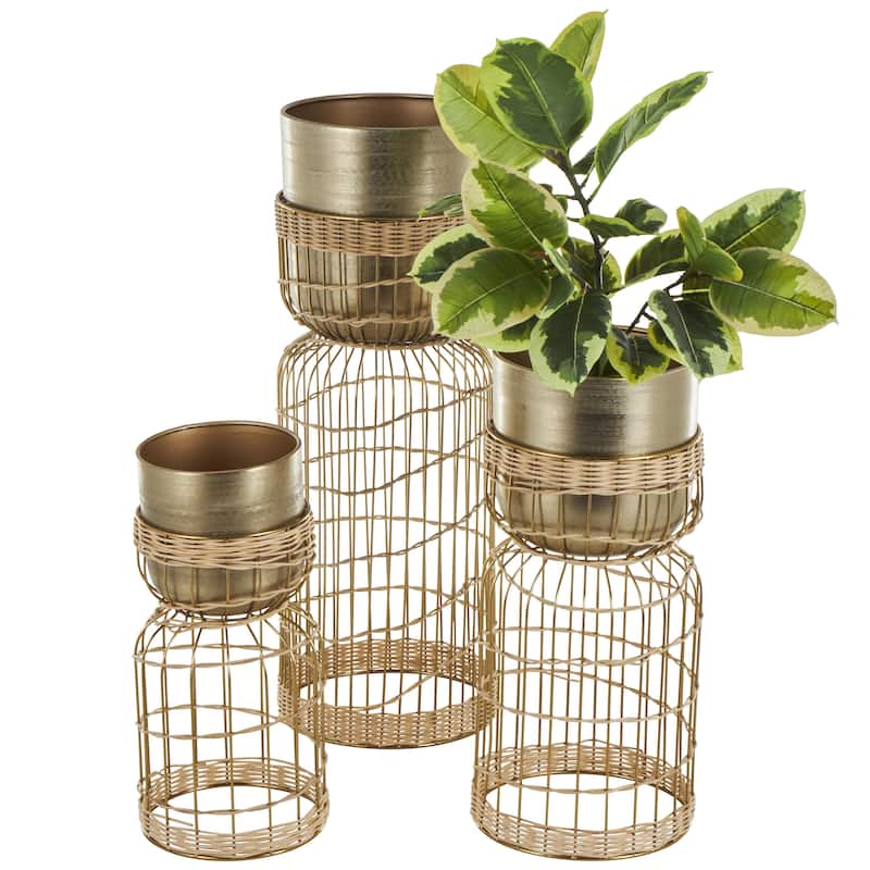 Metal Textured Dome Indoor Planter with Woven Seagrass or Rattan and Cage Rod Base - Set of 3 Gold or Silver - Roche River Decor - Gold - 30", 23", 18"H