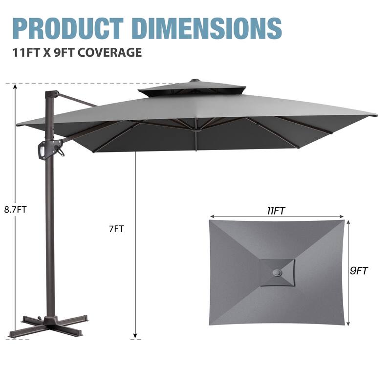 VredHom Outdoor 9x11FT Patio Dual Top Cantilever Offset Umbrella