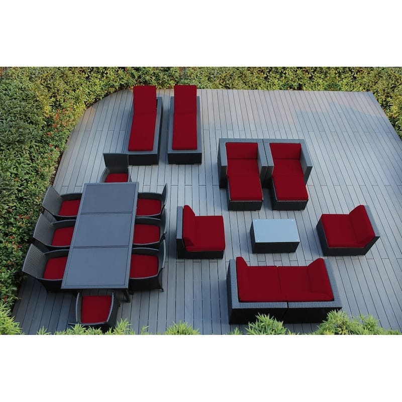 Ohana Outdoor Patio 20 Piece Black Wicker Sofa, Dining and Chaise Set - Sunbrella Jockey Red