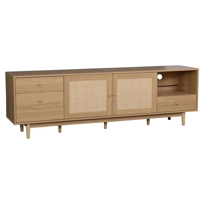 Boho TV Stand for TVs up to 85", Modern Entertainment Center with Rattan Doors, Drawers, Media Console Table for Living Room