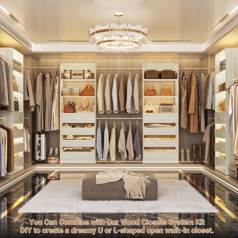 Qvella 95''-136'' W Closet System with 8 Wooden Drawers and 4 Hanging Rods, Walk-in Closet Organizer with 6 Storage Shelves