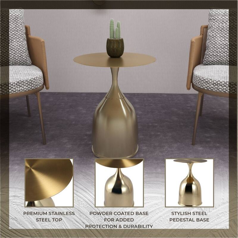 Oslo Modern Gold Bell Shaped Side Table with Accent Stainless Steel Top and Pedestal Base for Home, Bedrooms, and Offices