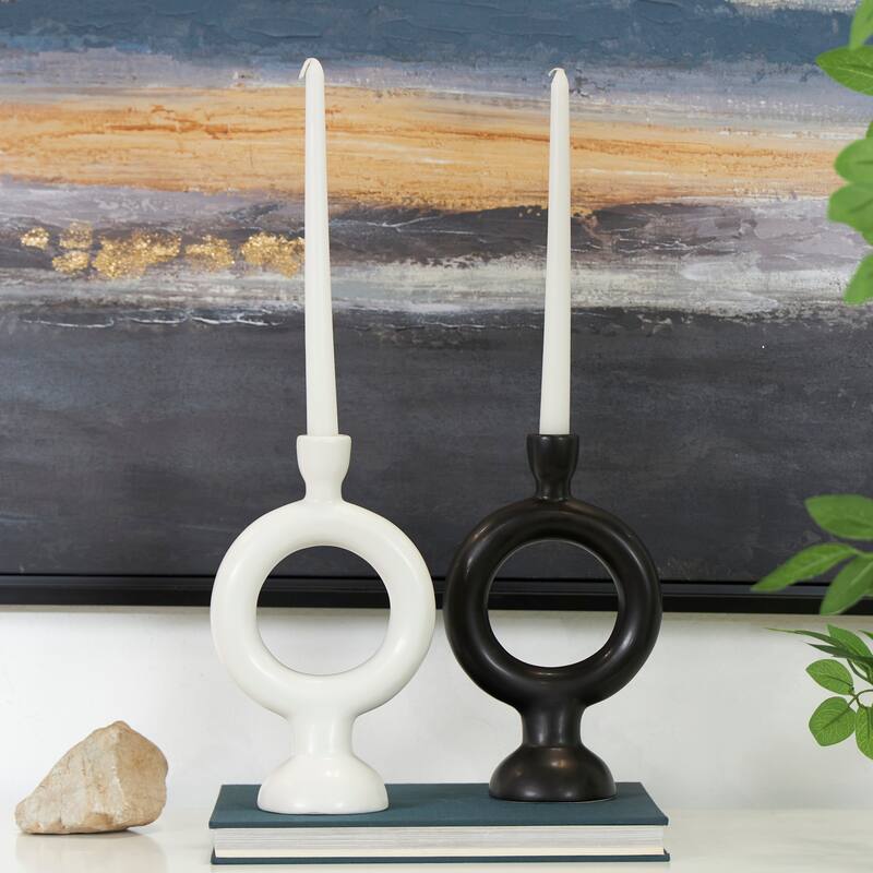 CosmoLiving by Cosmopolitan Black Ceramic Ring Geometric Candle Holder (Set of 2) - Black - 6"W, 9"H