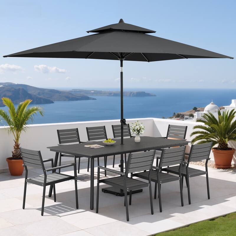11PC Outdoor Patio Dining Set Aluminum Table with Stackable Armchairs w/ Premium Market Umbrella Sets - GreyTable&GreyChairs&BlackUmbrella