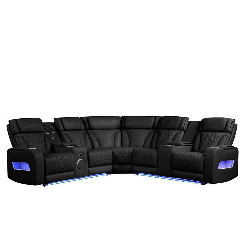 Jazz 117"W Leather Aire Power Reclining Sectional Sofa w/Power Headrest, Bluetooth Speakers, LED, USB, Storage & Cupholders