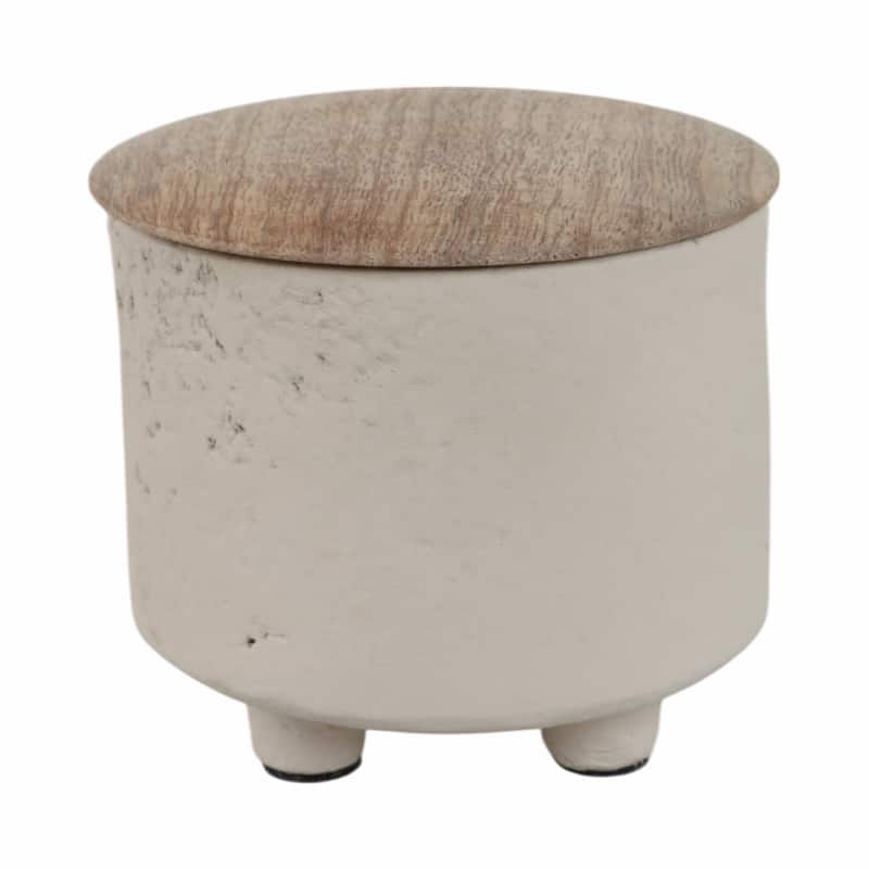Pottery Indoor Candle with Wood Lid Footed Base and Natural Materials - 4" x 4" x 4"