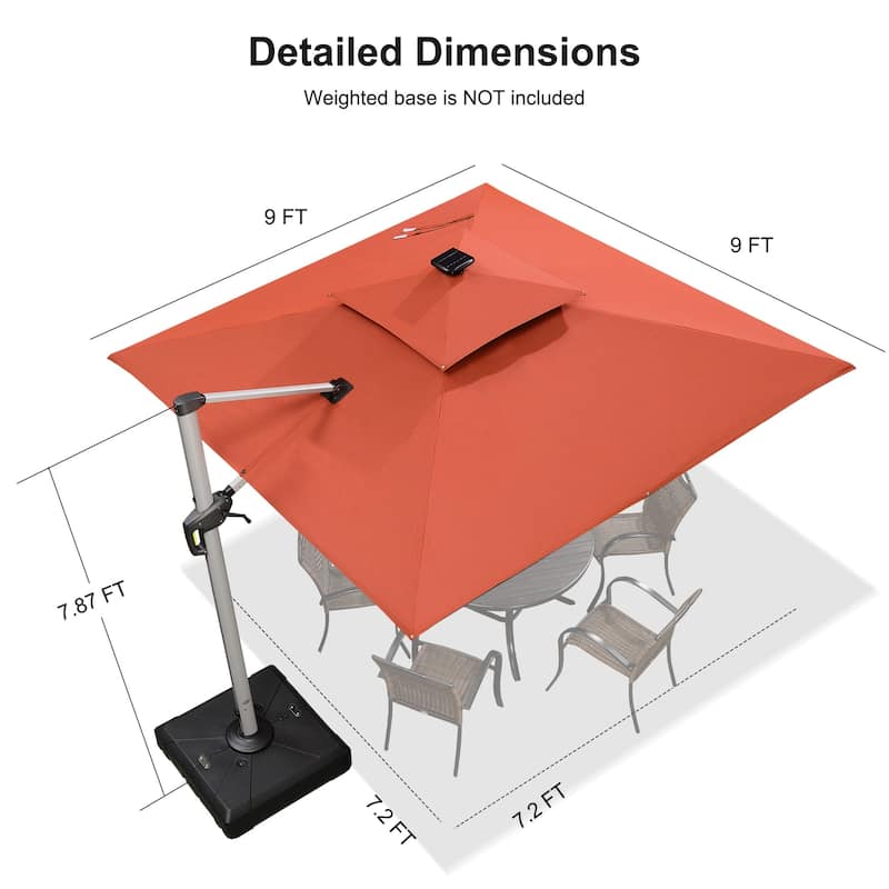 PURPLE LEAF 9 ft Double Top Solar Powered LED Square Patio Cantilever Umbrella with Base
