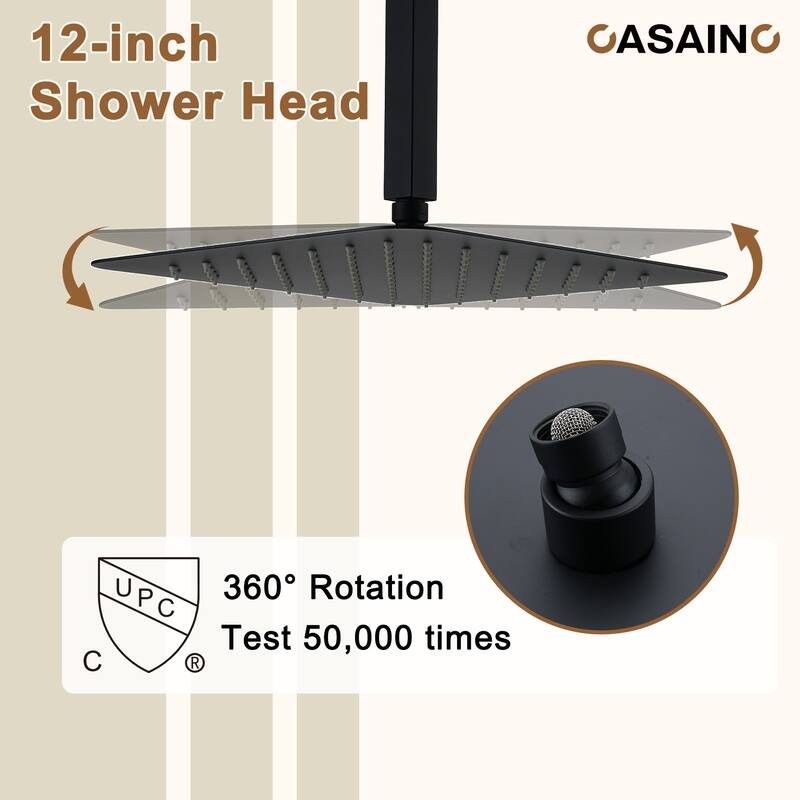 Luxury Thermostatic Shower System 1-Spray Patterns Ceiling Mount Fixed Shower Head and Handheld Spray with 6 Body Jets