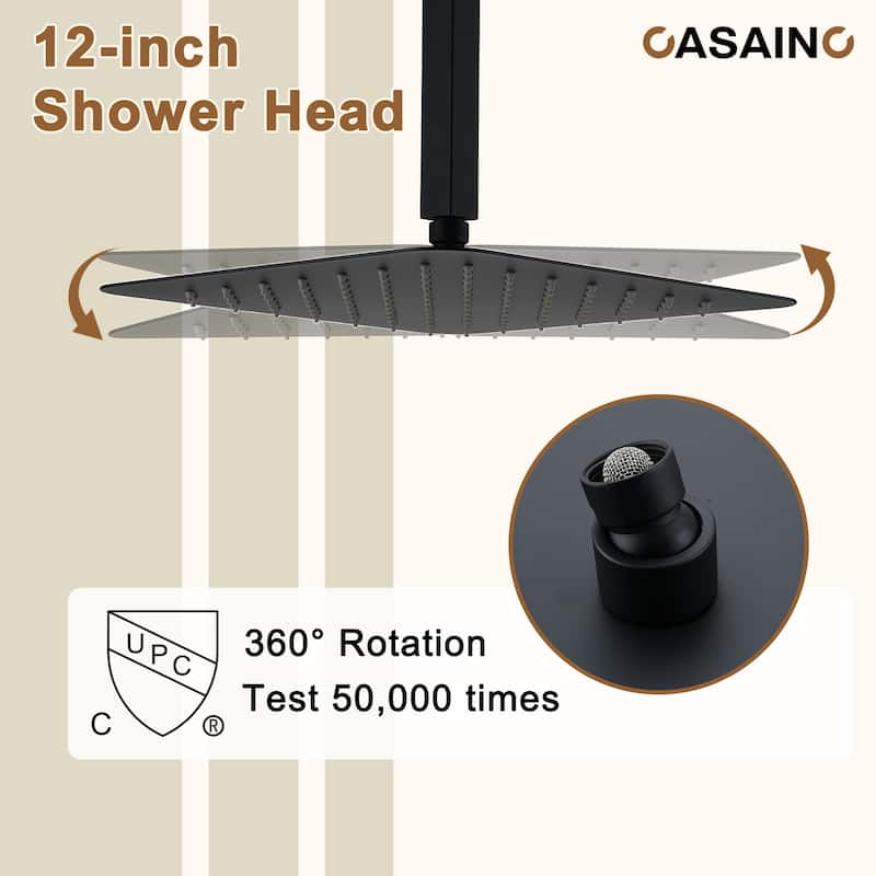 Luxury Thermostatic Shower System 3-Spray Patterns Ceiling Mount Fixed Shower Head and Handheld Spray with 6 Body Jets