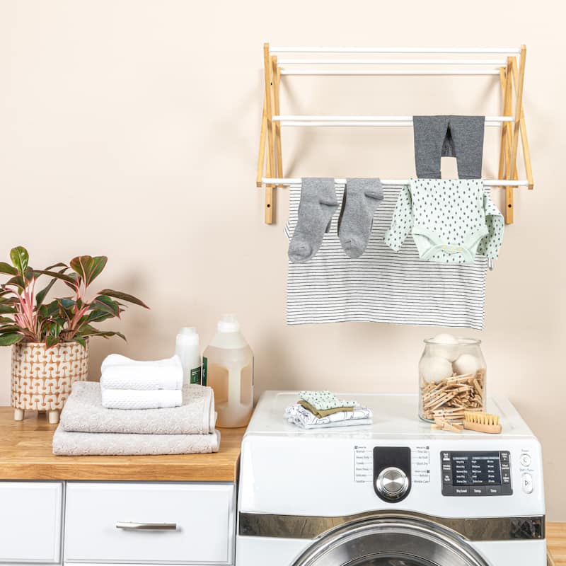 Household Essentials Bamboo and Metal Wall Mount Extendable Drying Rack with 8 Dowels - 28.0"L x 22.5"W x 17.8"H
