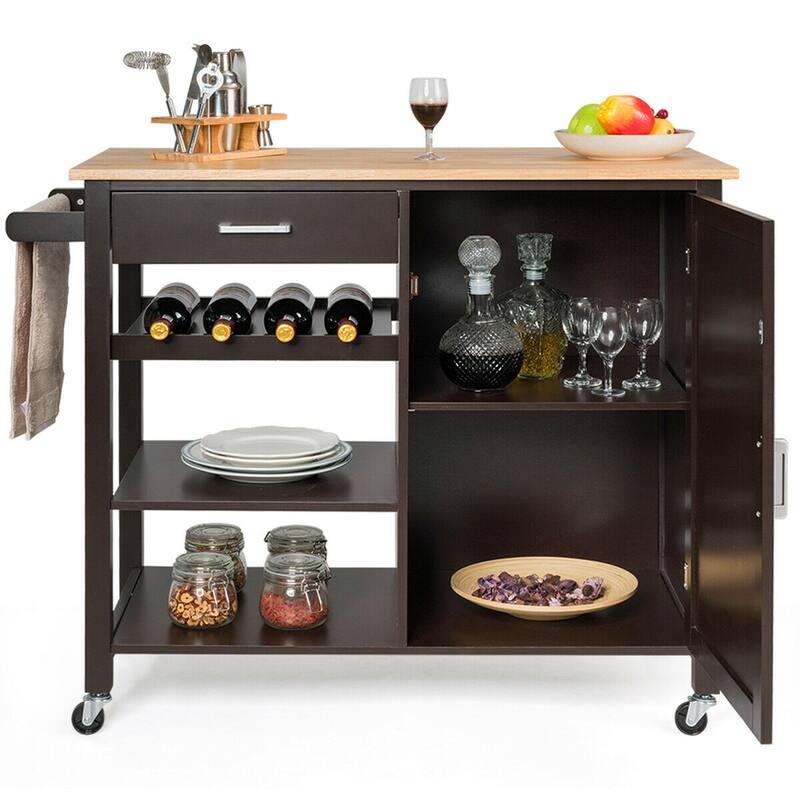 Gymax 4-Tier Wood Kitchen Island Trolley Cart Storage Cabinet w/ Wine