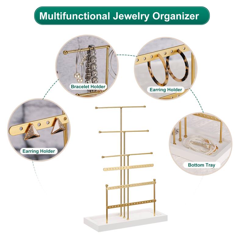 Jewelry Stand Holder, 6 Tier Metal Earring Tower with Wood Tray - Gold