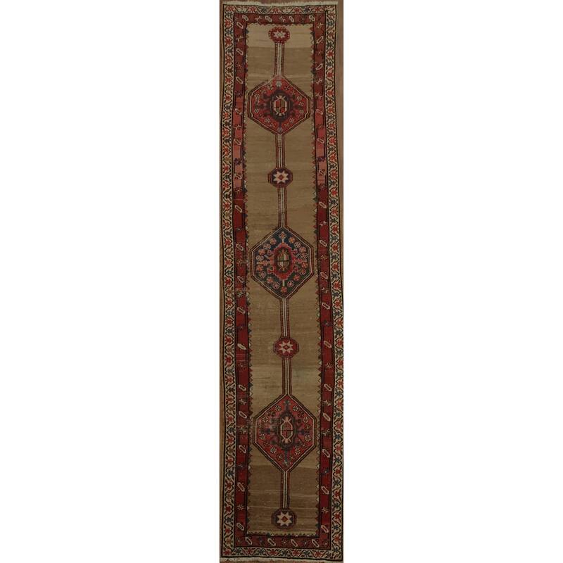 Hand Knotted Oriental 100% Wool Carpet Traditional Geometric Beige & Ivories Sarab Runner Rug - 12' 6'' X 2' 9''