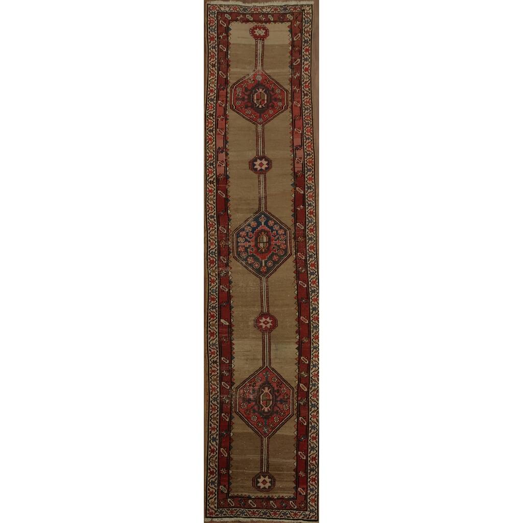 Hand Knotted Oriental 100% Wool Carpet Traditional Geometric Beige & Ivories Sarab Runner Rug - 12' 6'' X 2' 9''