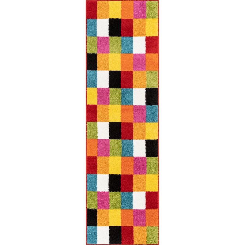 Well Woven Bright Geometric Square Checkered Kids Multi Runner Rug - 2' x 7' - 2' x 7' - Multi