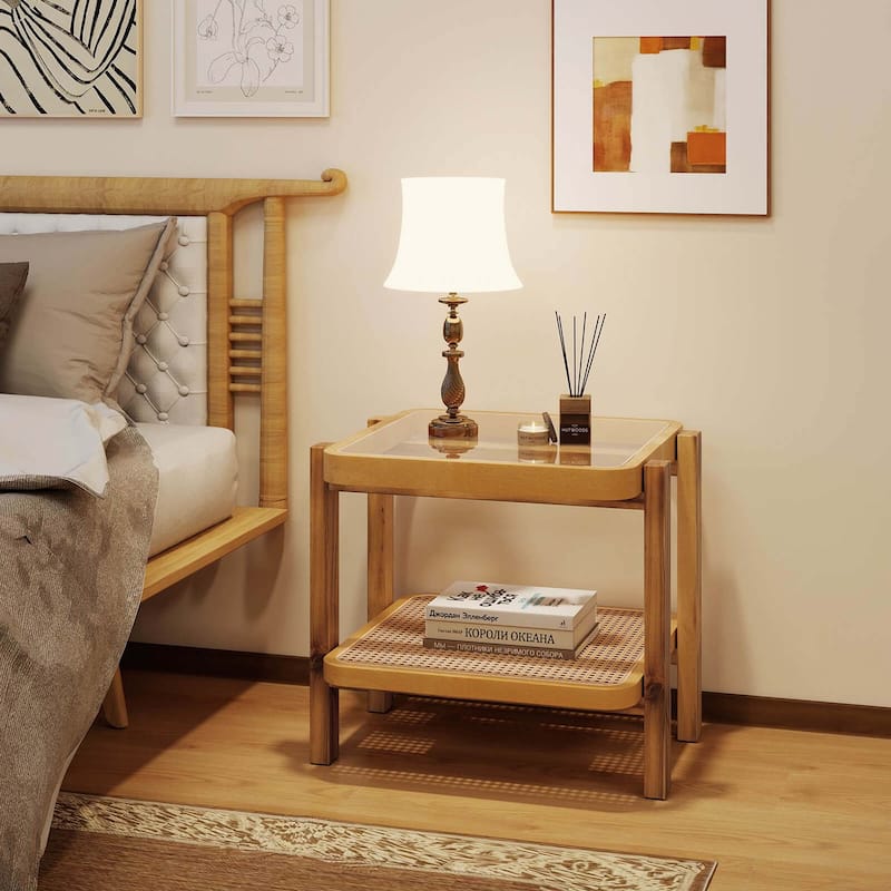 Costway 1/2 PCS End Table with Tempered Glass Top Acacia Wood Legs