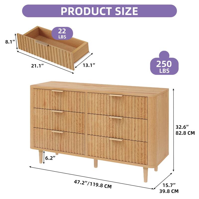 6 Drawer Wood Dresser with Wave Fluted Panel Storage Organizer for Bedroom
