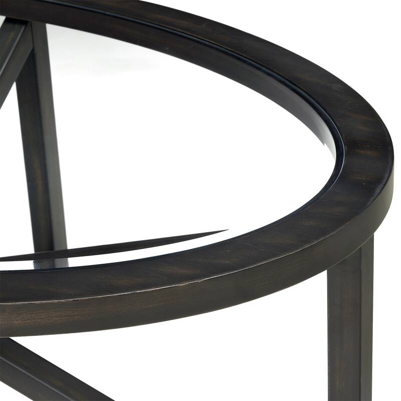 Modern Simple Glass Coffee Table:Tempered Glass Coffee Table Solid Wood Base Round Transparent Glass Top
