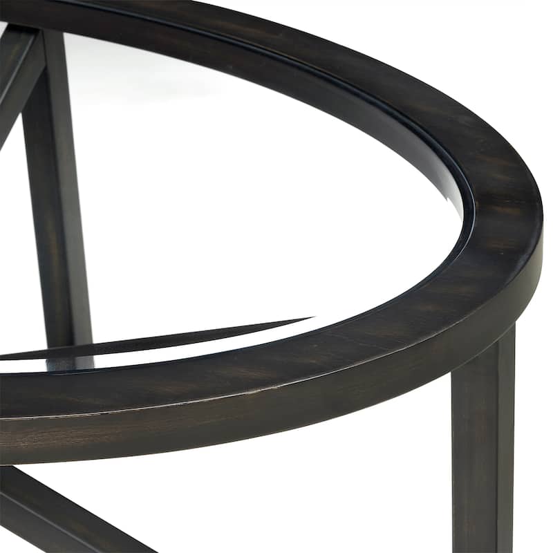 Tempered Glass Coffee Table Solid Wood Base Round Transparent Glass Top