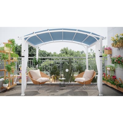 Cozywor 10 ft. x 10 ft. White Steel Patio Arched Pergola with Blue Shade Canopy and Curtains