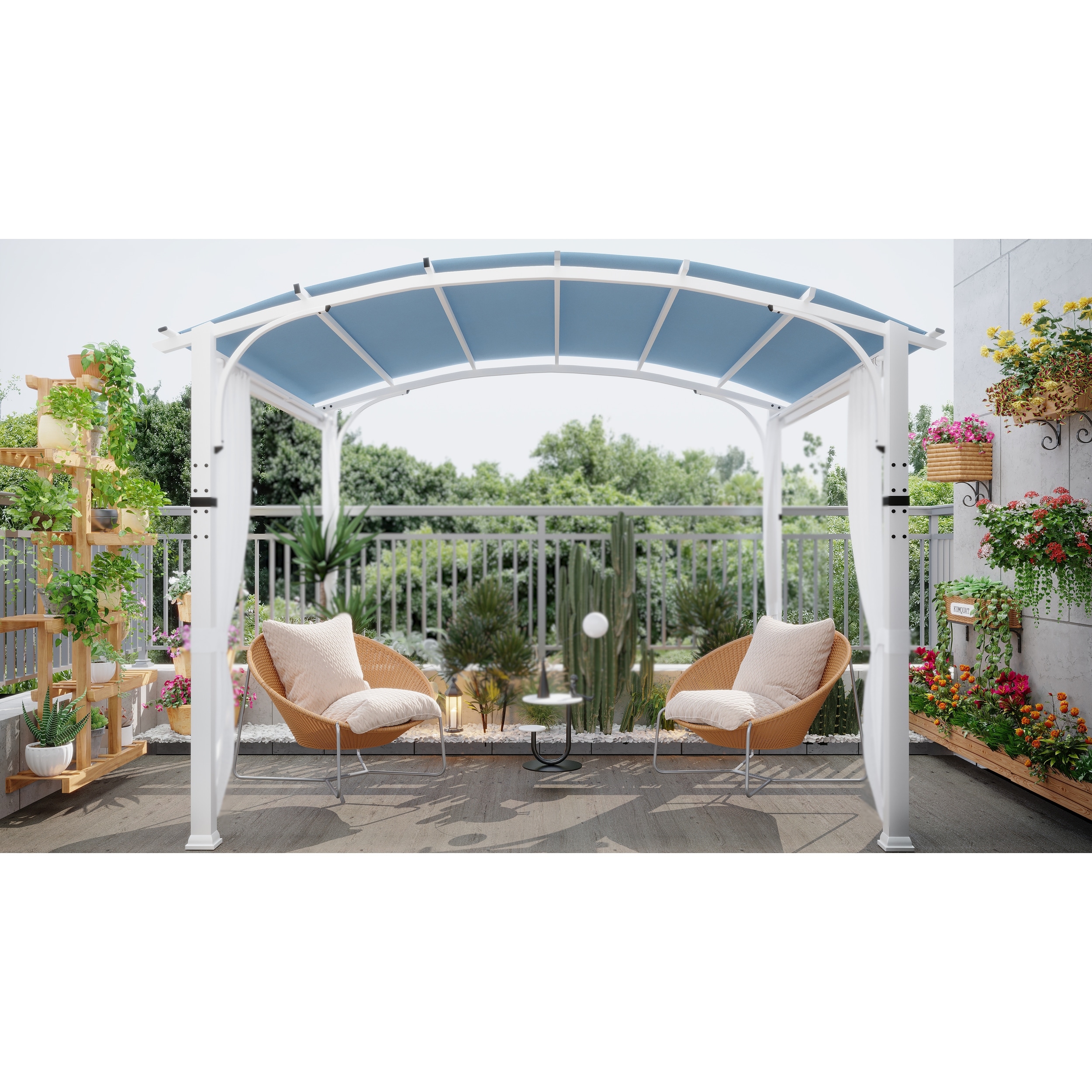 Cozywor 10 ft. x 10 ft. White Steel Patio Arched Pergola with Blue Shade Canopy and Curtains