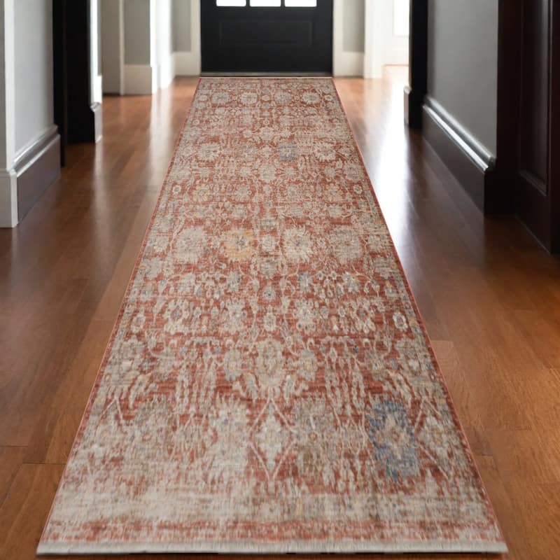 HomeRoots Floral Medallion Traditional Runner Area Rug - 120.00 in. x 30.00 in.  x 0.30 in.
