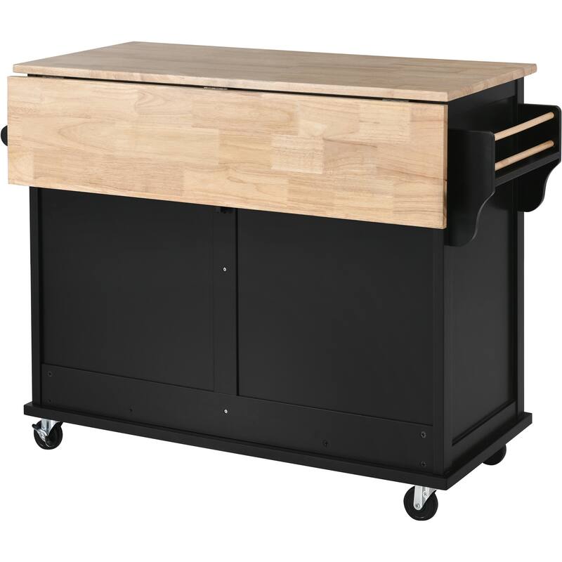 52.20'' Rubberwood Kitchen Cart with Drop-leaf, Sliding Door, Adjustable Shelf, Removable Wheels and 2 Drawers