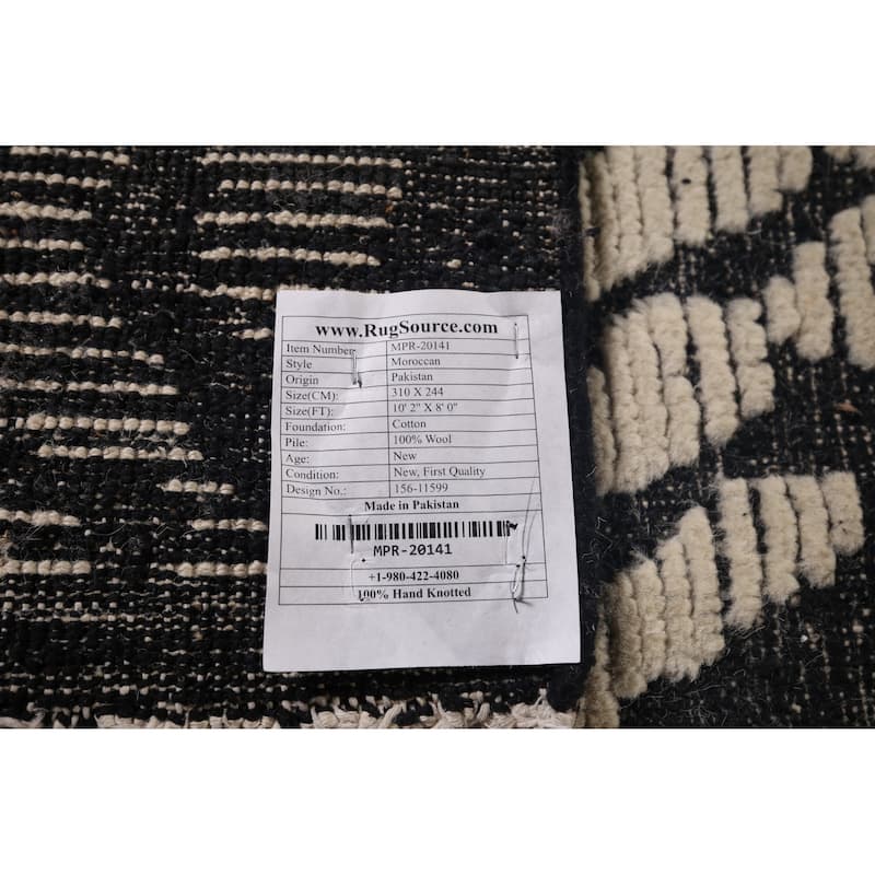 All-Over Black & Ivory Moroccan Abstract Area Rug Handmade Wool Carpet - 8'0"x 10'2"
