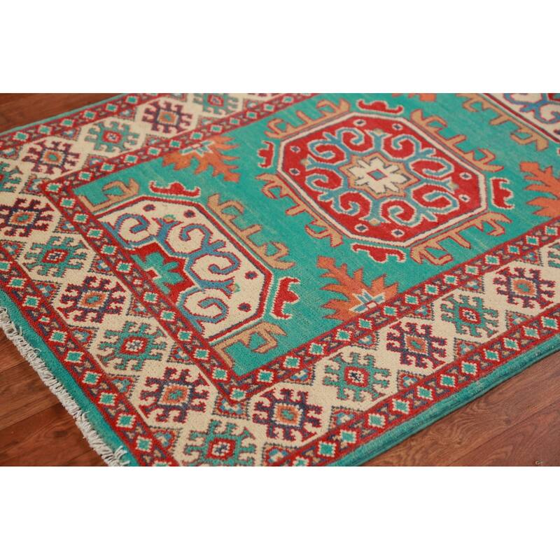 Turquoise / Green Kazak Foyer Rug Geometric Handmade Wool Carpet - 2'9"x 4'0"