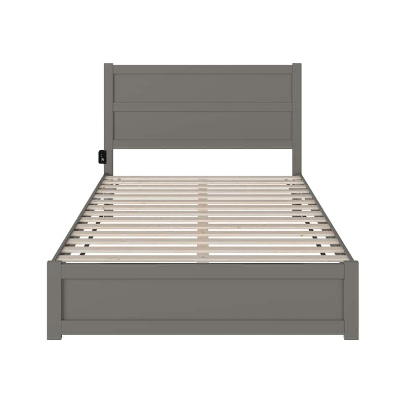 Modern Platform Bed with Footboard - Grey Wood Slat Support & Charging Station