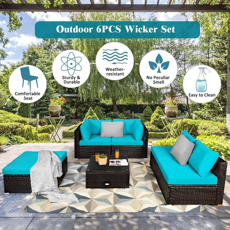 6 Pieces Outdoor Patio Rattan Furniture Set Sofa Ottoman with Coffee Table - 30'' x 30'' x 26''(L x W x H)