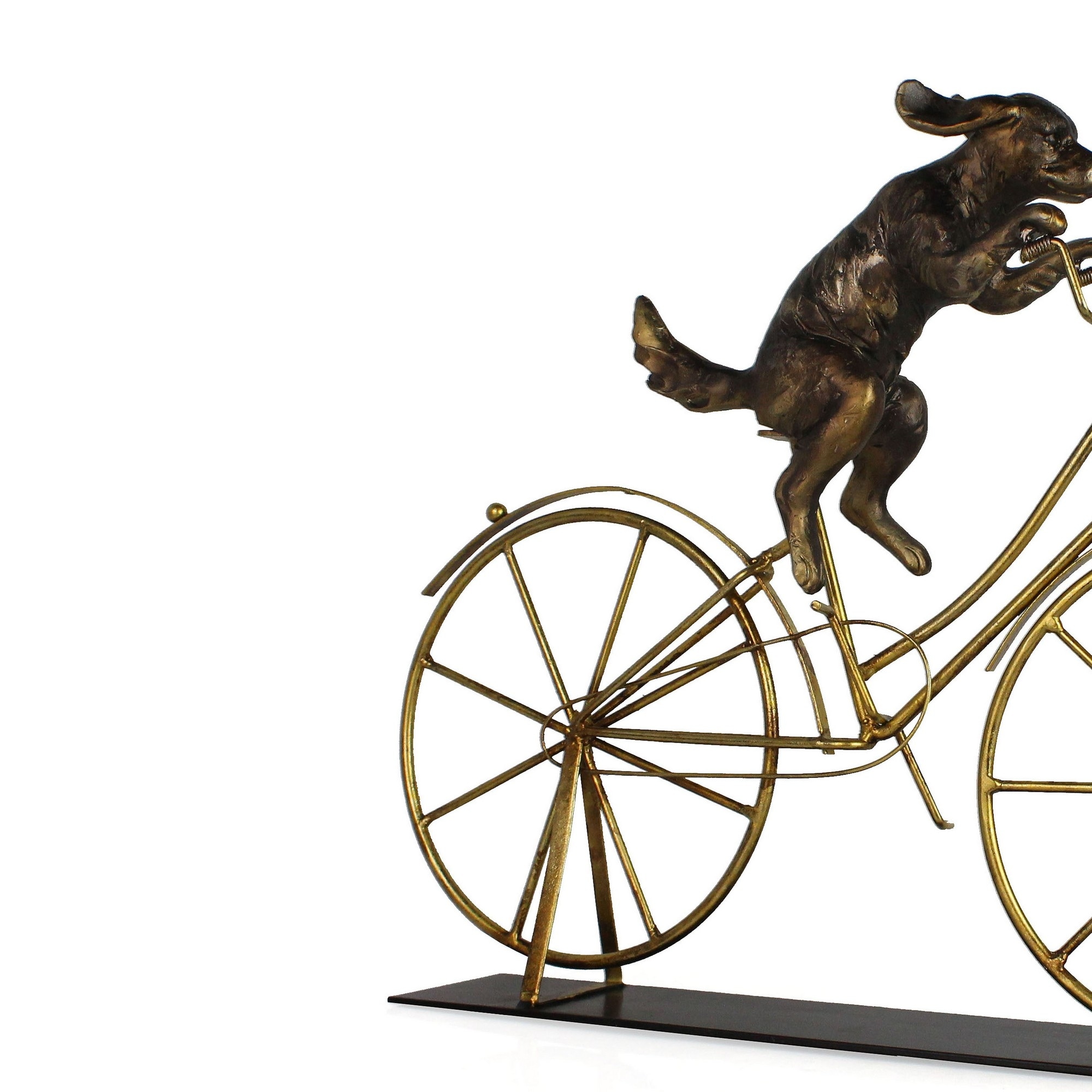14 Inches Metal Frame Dog on Bicycle Sculpture, Gold - Bed Bath