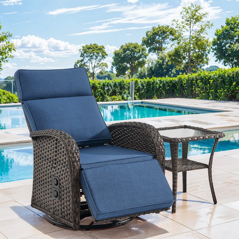 Pocassy Outdoor Brown Wicker Chaise Lounge Chair with Side Table Blue Cushion - Blue Cushion