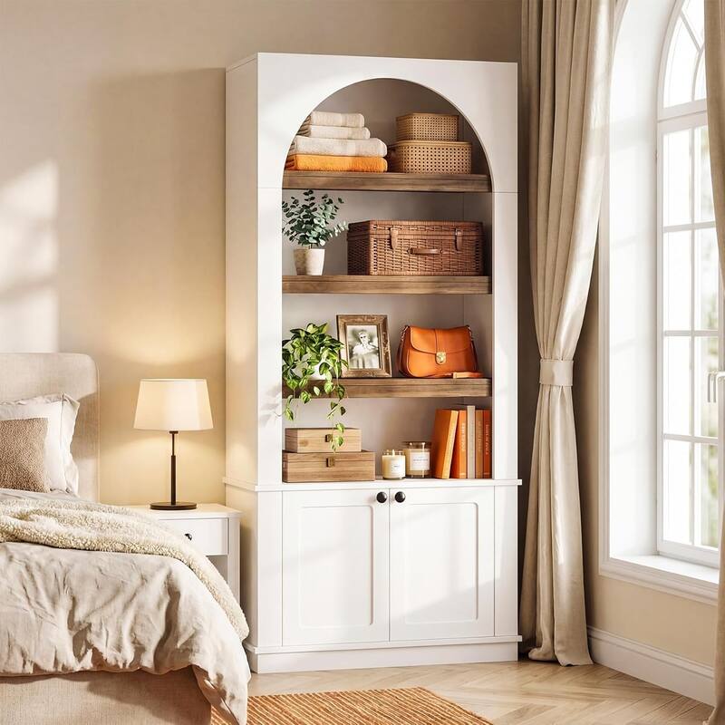71-Inch Modern Tall Arched Bookcase with Doors for Office, Living Room, Kitchen
