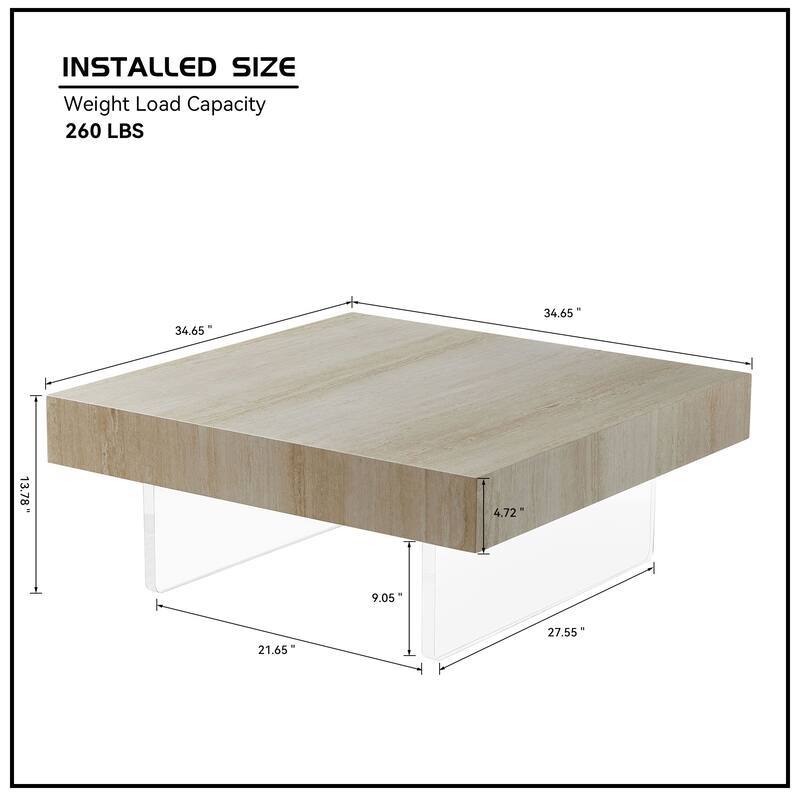 34.65''Square Faux Travertine Pattern Coffee Table,Mdf Table,Modern Design Coffee Table With Acrylic Legs