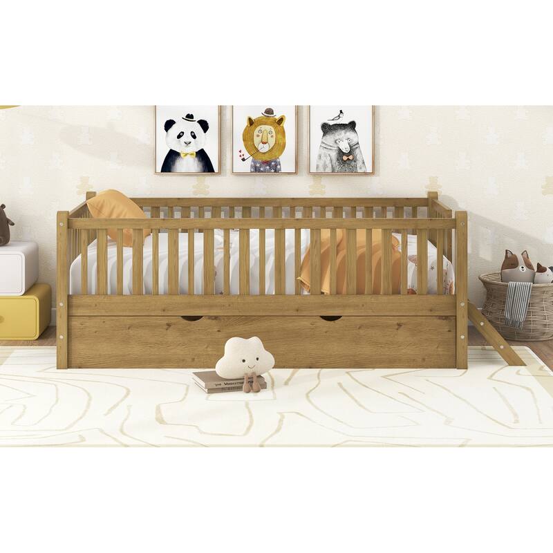 GDFStudio - Wood Twin Platform Bed with Guardrail, Trundle and Storage, Walnut