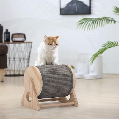 Wooden Cat Scratching Post, Rotating Cat Scratcher Toy with Bells