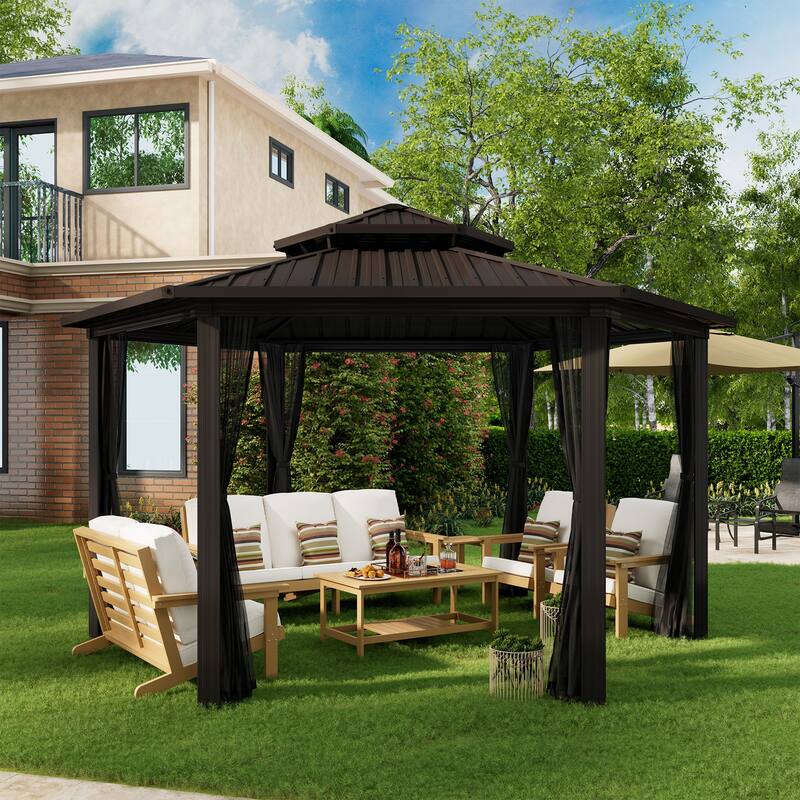 12'×15' Outdoor Aluminum Frame Gazebo Pergola with Mesh Curtains