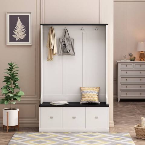 Two-tone Hall Tree with 4 Hooks and 3 Large Drawers,Coat Hanger
