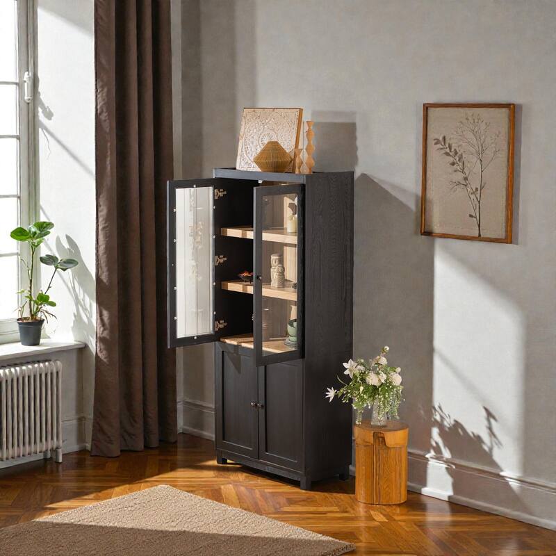 74.5'' Ash Wood Grain Display Cabinet with Glass Doors, Adjustable Shelves & Mid-Century Modern Bookcase for Living Room