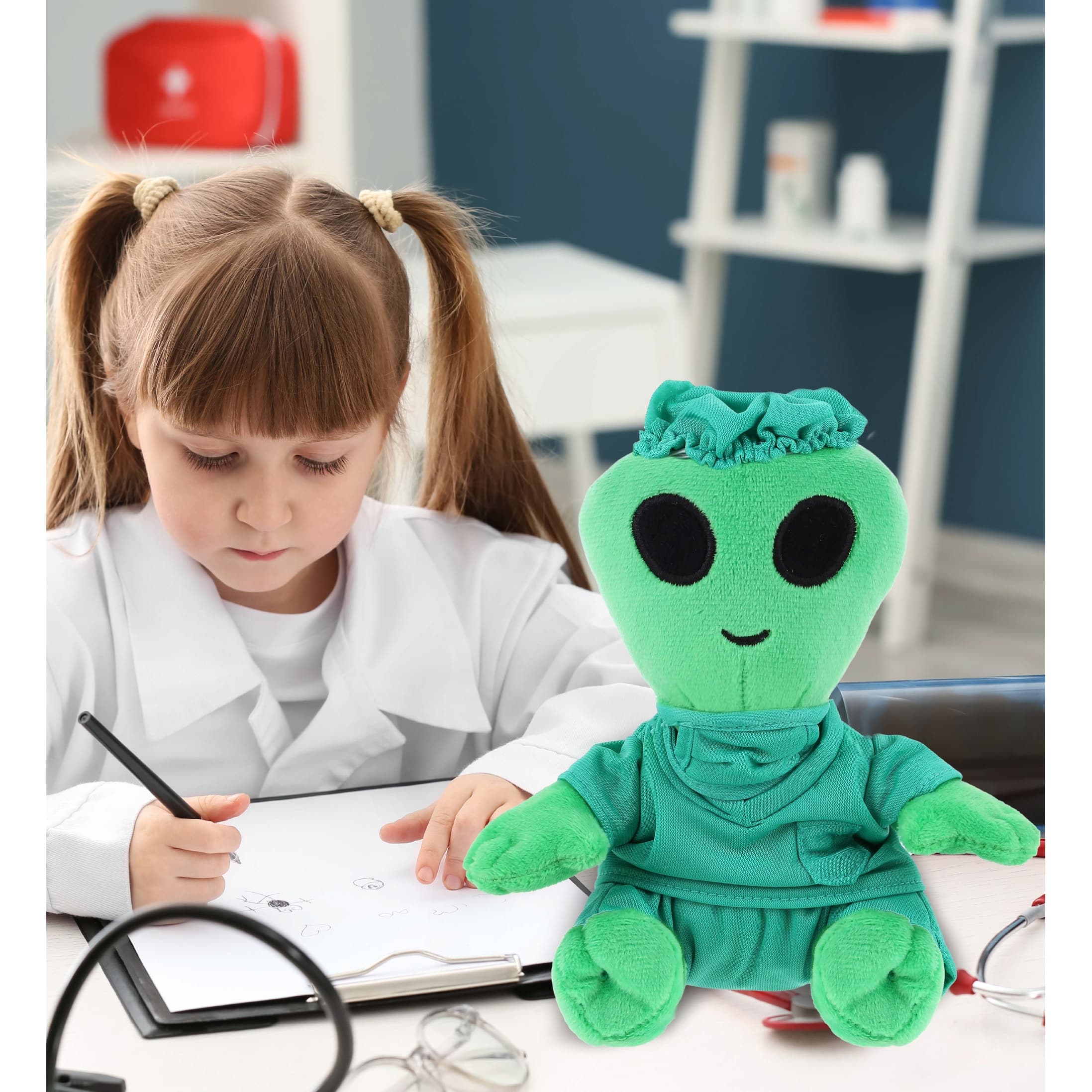 DolliBu Green Alien Doctor Plush Toy with Scrub Uniform and Cap - 6 ...