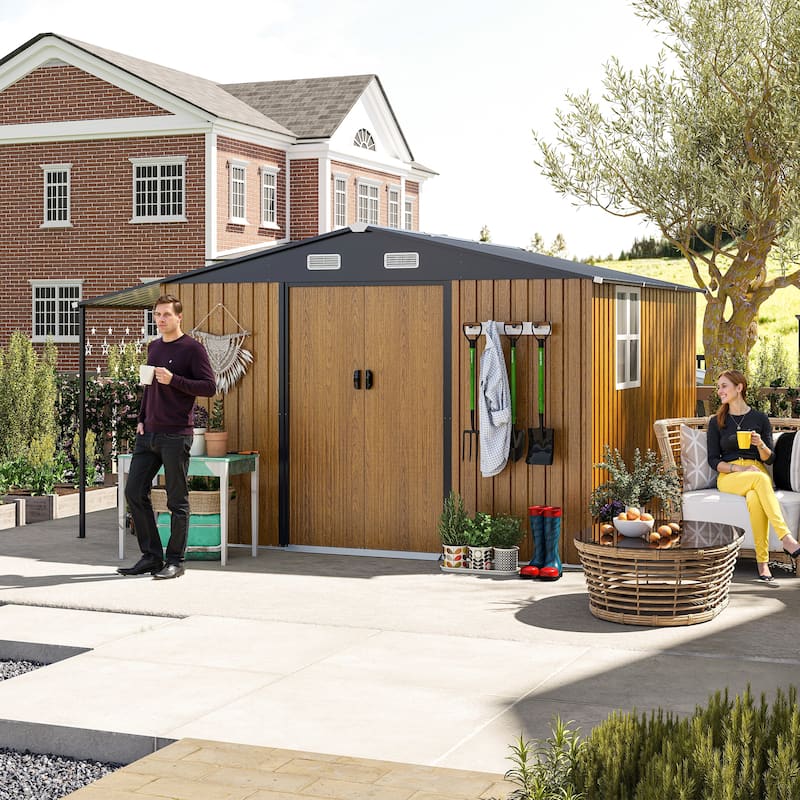 10x12 Ft Outdoor Storage Shed, Extra Large Metal Shed with Lockable Doors, Windows, Outside Steel Tiny House Ideal