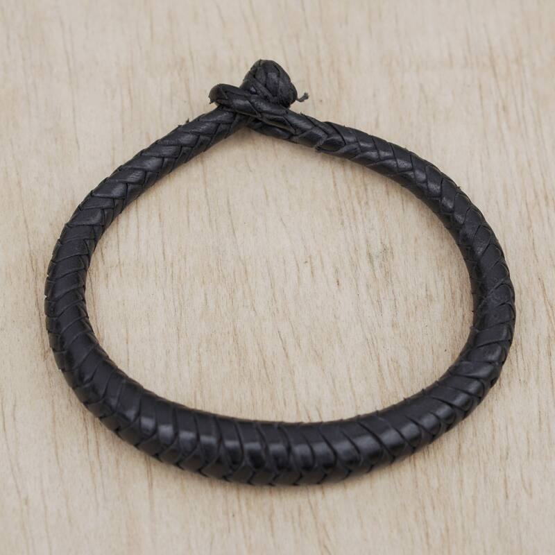 Novica Handmade Black Grace Braided Leather Bracelet