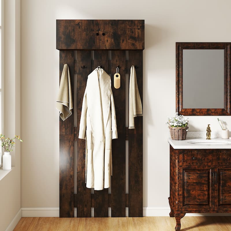 Engineered Wood Wall Coat Rack with Hooks and Cabinet - 35 x 13 x 82.6 in.