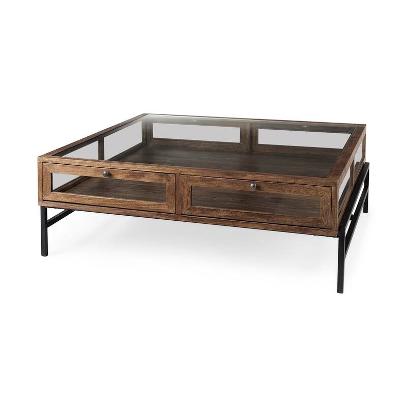 Arelius Light Brown Solid Wood w/ Black Iron Base Square Display Coffee Table - 43.5L x 42.0W x 15.0H - Medium Brown