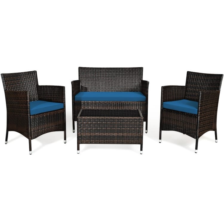 Rattan Patio Conversation Furniture Set with Glass Table and Comfortable Sofa - 4 Pcs - Peacock Blue