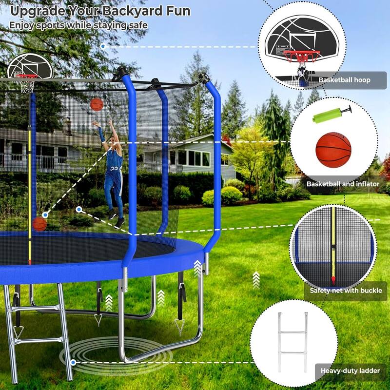 Upgraded 8FT/10FT/12FT/14FT Trampoline, Outdoor Trampoline with Basketball Hoop