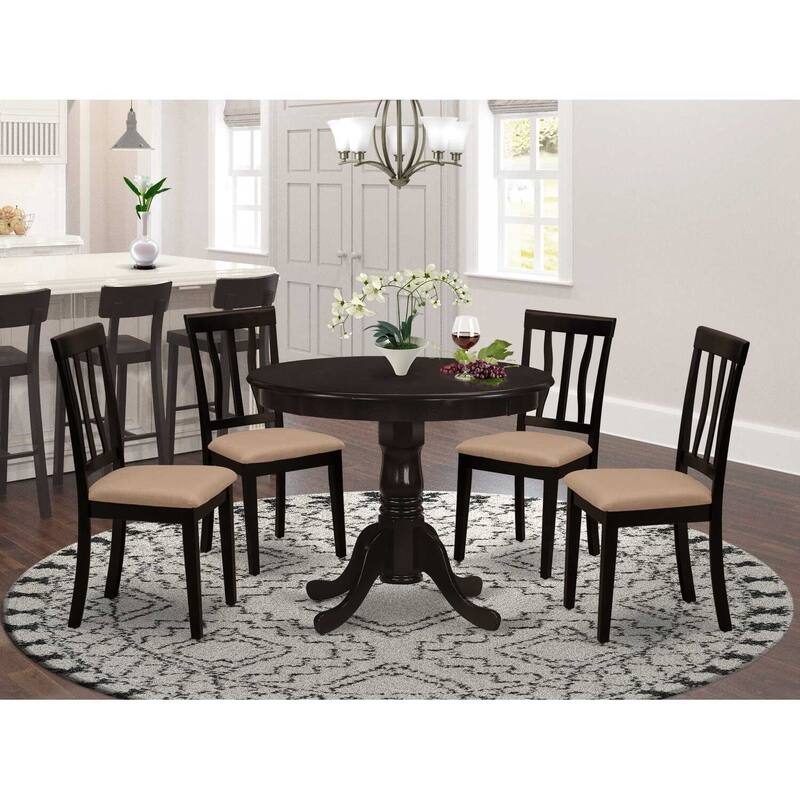 5-Piece Round Cappuccino Finish Solid Wood Top Dining table with 4 Chairs with