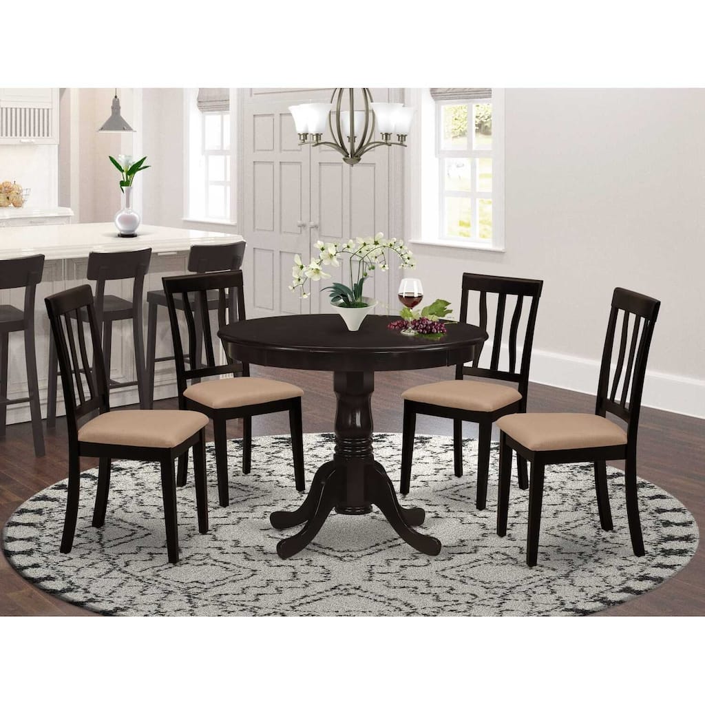 5-Piece Round Cappuccino Finish Solid Wood Top Dining table with 4 Chairs with